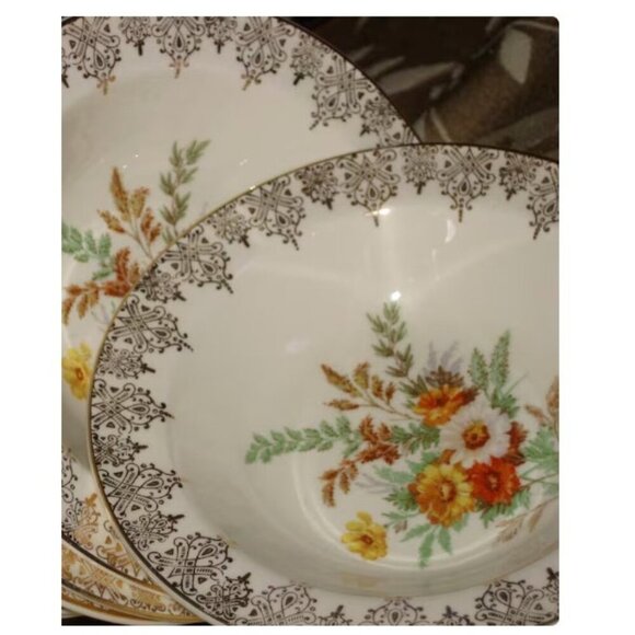 2 Vintage Edwin Knowles Floral Fruit Dessert Bowls beige orange Brown gold 1930s - Picture 3 of 7